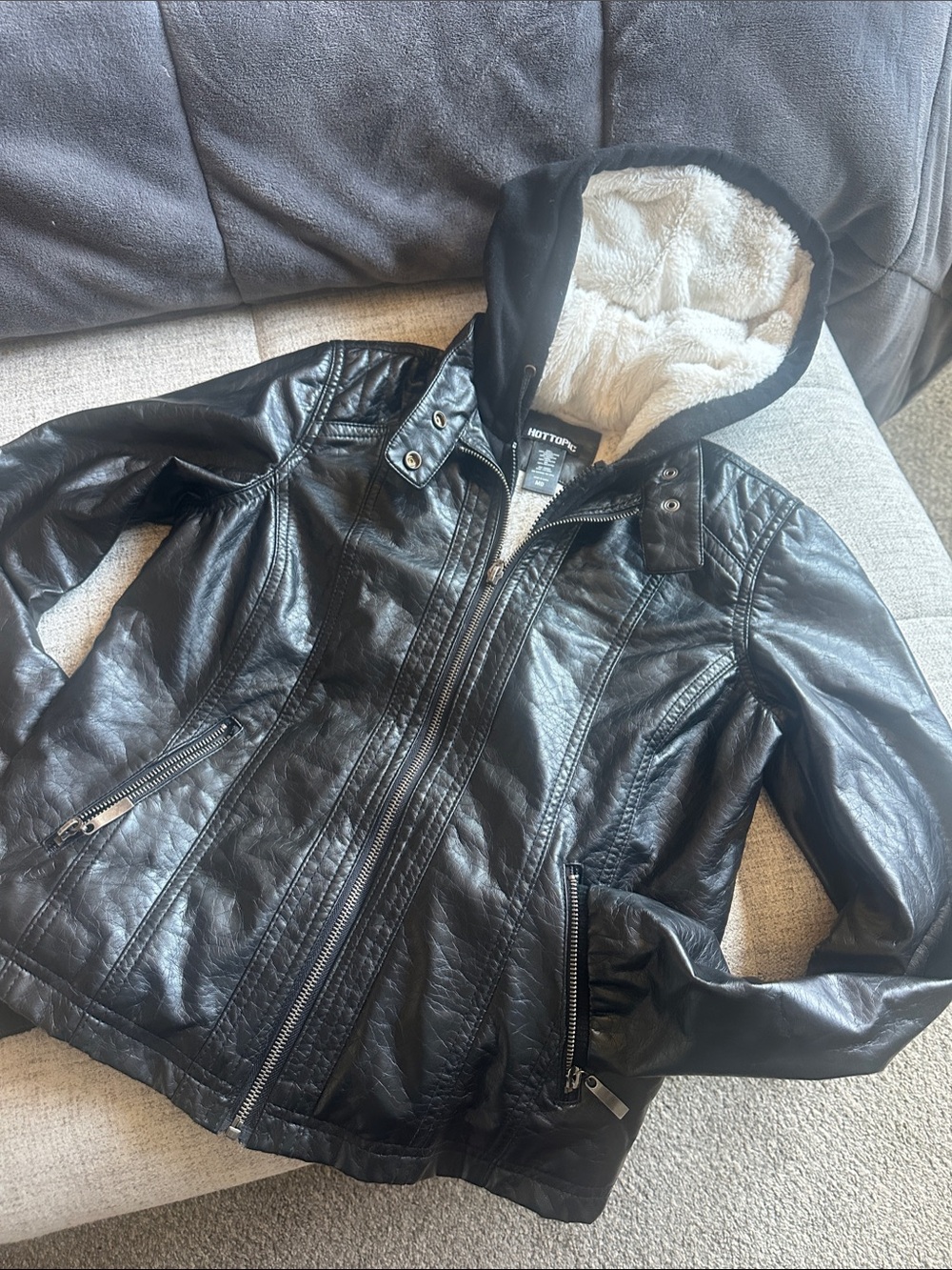 NYDJ Black Faux-Leather Hooded Jacket with Cream Sherpa Lining